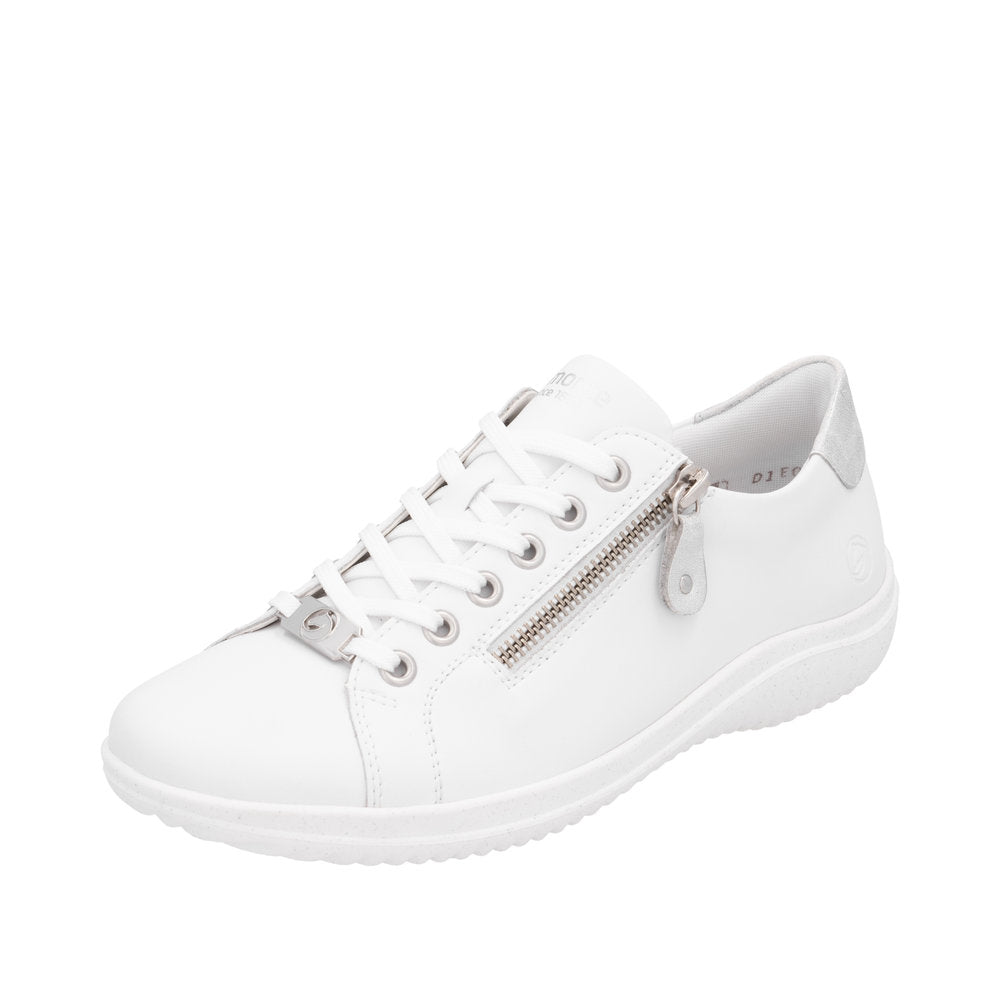 Remonte D1E03-80 women's wide fit white leather sneakers with lace-up front and side zipper for easy wear.