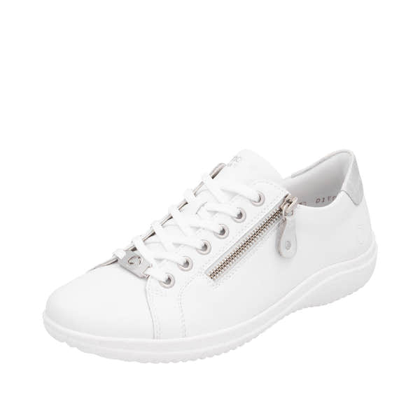 Remonte D1E03-80 women's wide fit white leather sneakers with lace-up front and side zipper for easy wear.