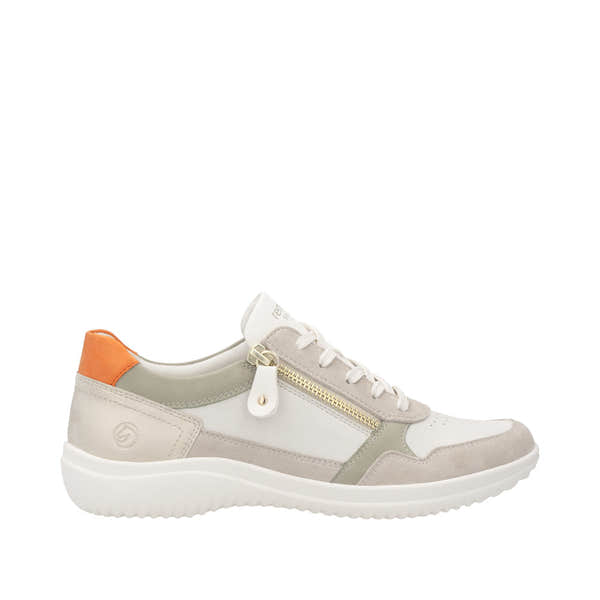 Remonte D1E06-80 women's wide white leather trainers with zip and lace-up closure, beige accents, and orange heel detail.