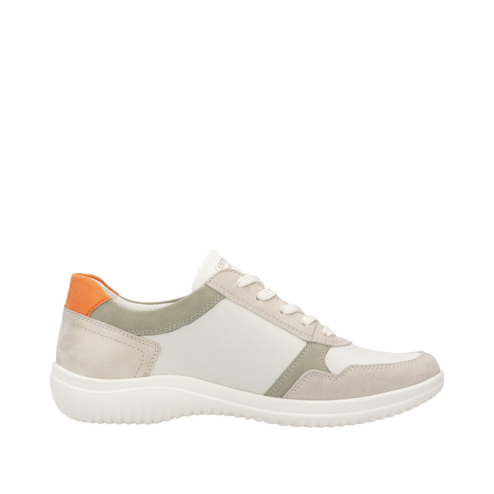 Remonte D1E06-80 women's wide fit white leather trainers with lace-up front, zip detail, and orange accent heel.
