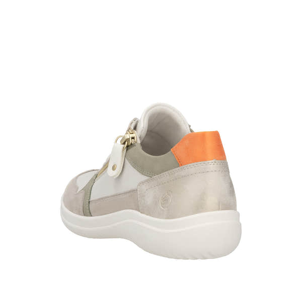 Remonte D1E06-80 women's wide fit white leather trainer with zip and lace-up closure, beige and orange accents, cushioned sole.