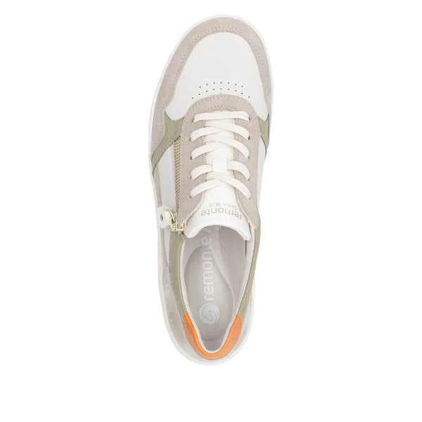 Remonte D1E06-80 women's wide white leather trainers with zip and lace-up closure, rubber sole, and orange accent detail.