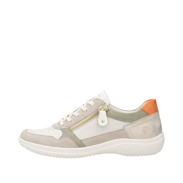 Remonte D1E06-80 women's wide white leather trainers with zip and lace fastening, beige and orange accents, lightweight sole.