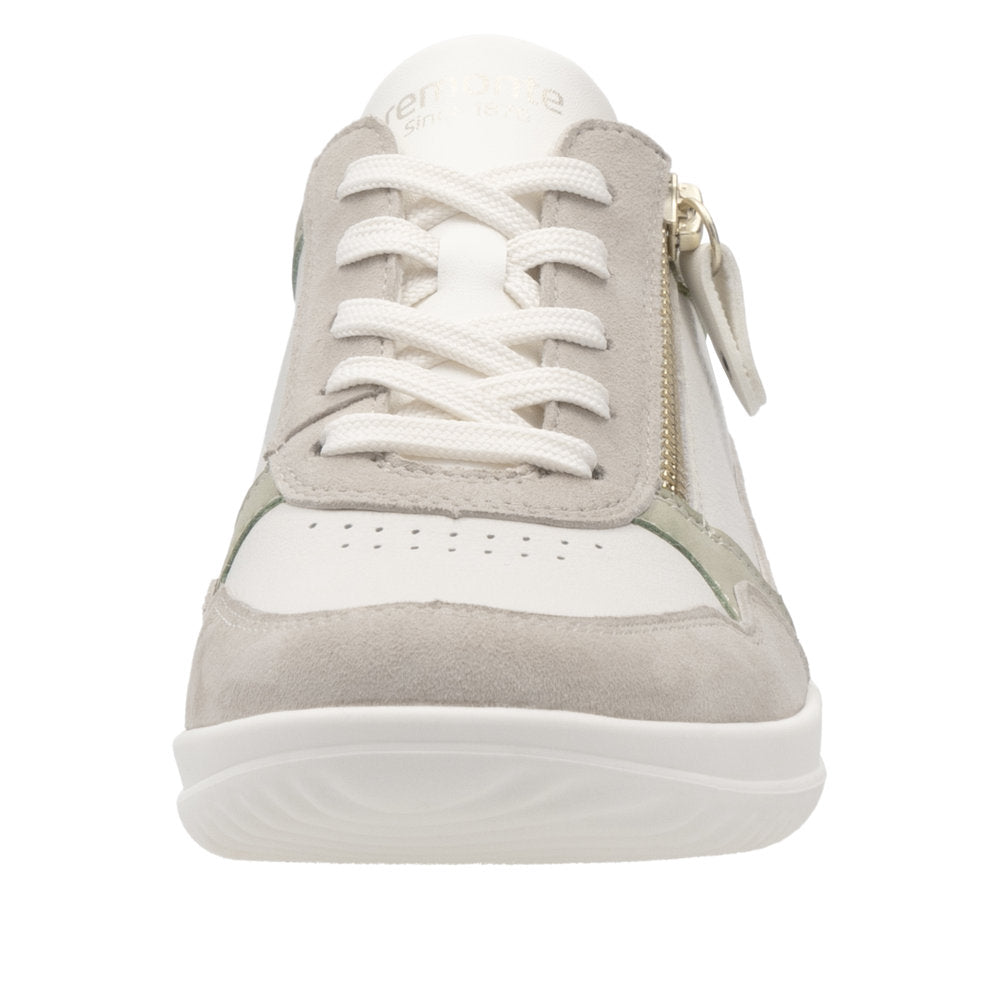 Remonte D1E06-80 women's wide white leather trainers with lace-up and zipper details.