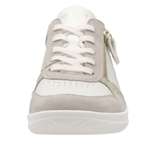 Remonte D1E06-80 women's wide white leather trainers with lace-up and zipper details.