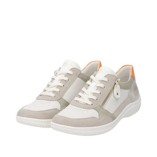 Remonte D1E06-80 women's wide fit white leather sneakers with lace-up and side zipper detail.