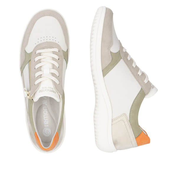 Remonte D1E06-80 women's wide white leather trainers with zip and lace-up design, beige and orange accents, and cushioned sole.