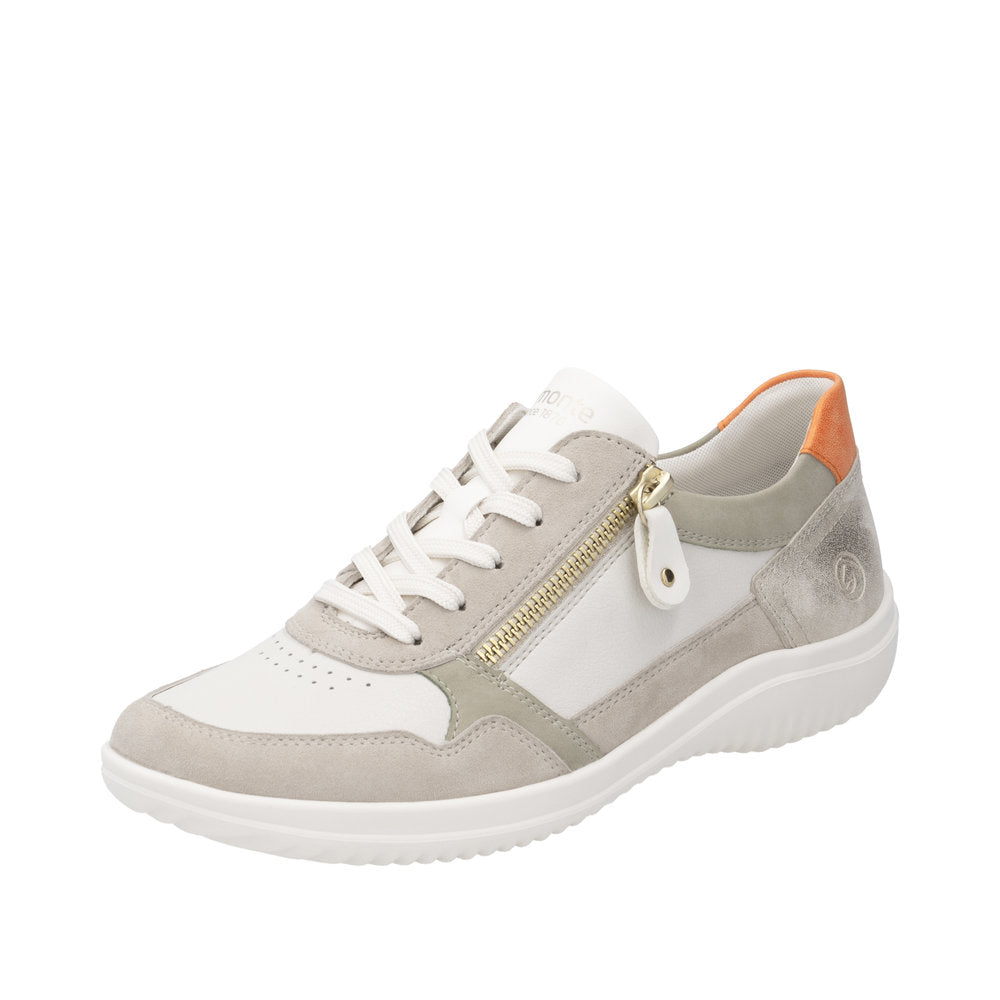 Remonte D1E06-80 women's wide white leather trainers with zip, lace-up, and orange accents.