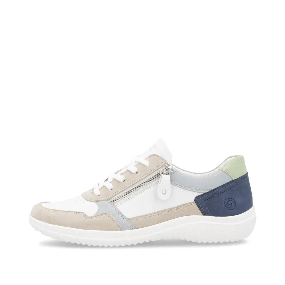 Remonte D1E06-81 women's wide-fit multi-color leather sneaker with side zipper and cushioned sole.