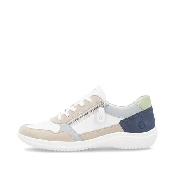Remonte D1E06-81 women's wide-fit multi-color leather sneaker with side zipper and cushioned sole.