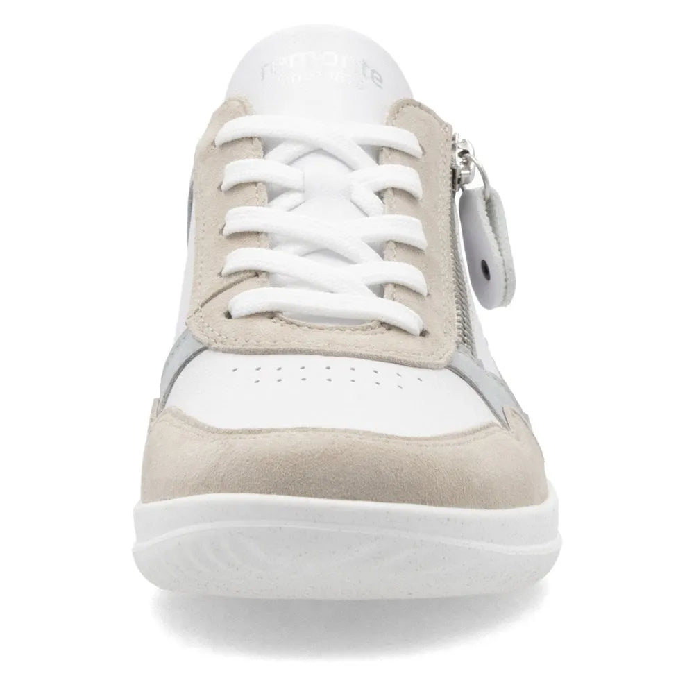 Remonte D1E06-81 women's wide multi-leather side zip trainers with white laces and beige accents, featuring a sporty design.