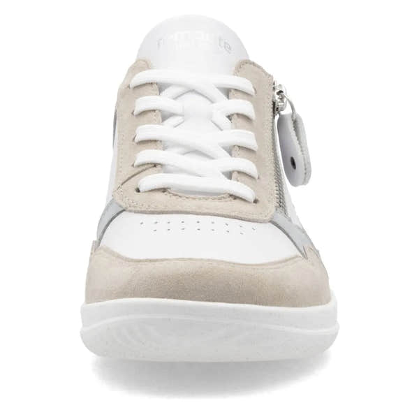 Remonte D1E06-81 women's wide multi-leather side zip trainers with white laces and beige accents, featuring a sporty design.