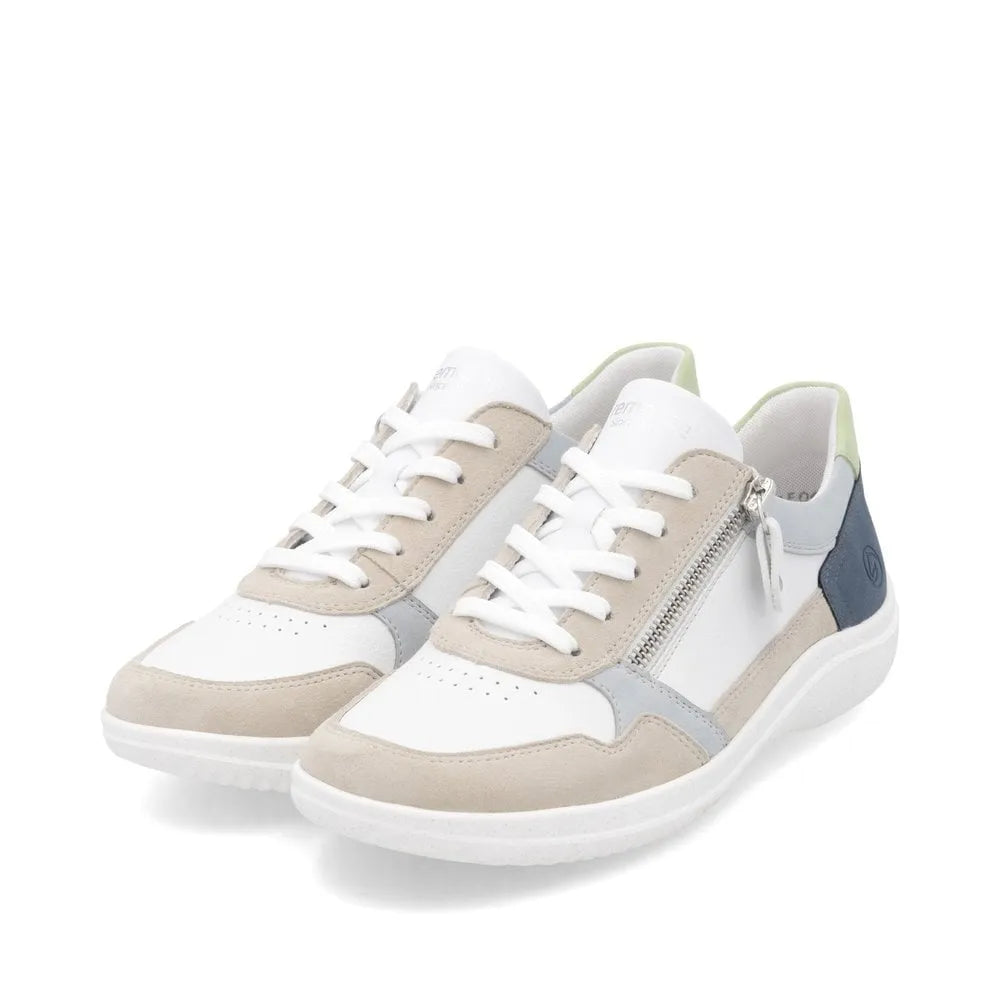 Remonte D1E06-81 ladies wide-fit multi leather sneakers with side zip, beige, white, grey, and navy accents.