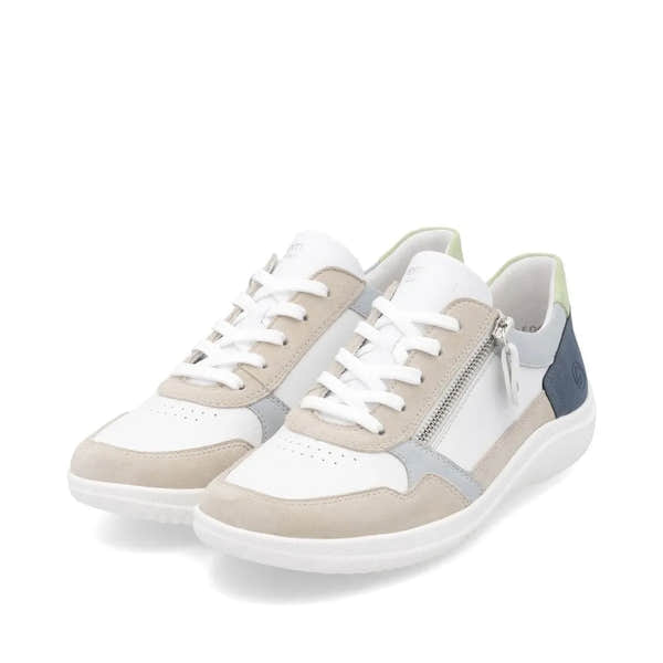 Remonte D1E06-81 ladies wide-fit multi leather sneakers with side zip, beige, white, grey, and navy accents.