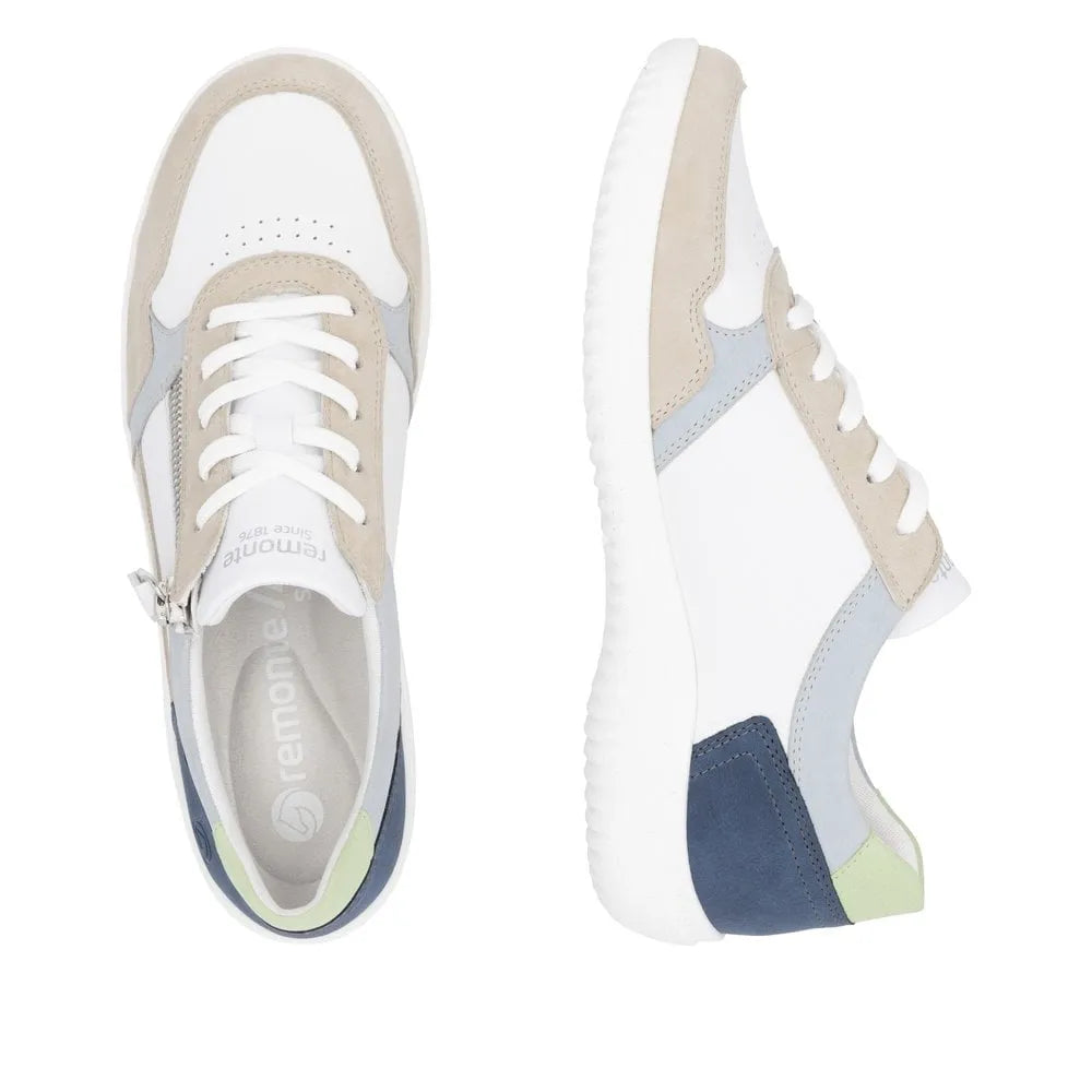 Remonte D1E06-81 women's wide-fit leather trainers with side zips, white, beige, gray, and navy accents, casual slip-on style.