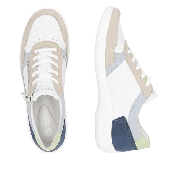 Remonte D1E06-81 women's wide-fit leather trainers with side zips, white, beige, gray, and navy accents, casual slip-on style.