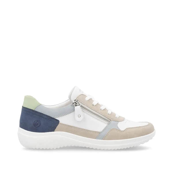 Remonte D1E06-81 women's wide multi leather side zip trainers with lace-up detail and color-block design.