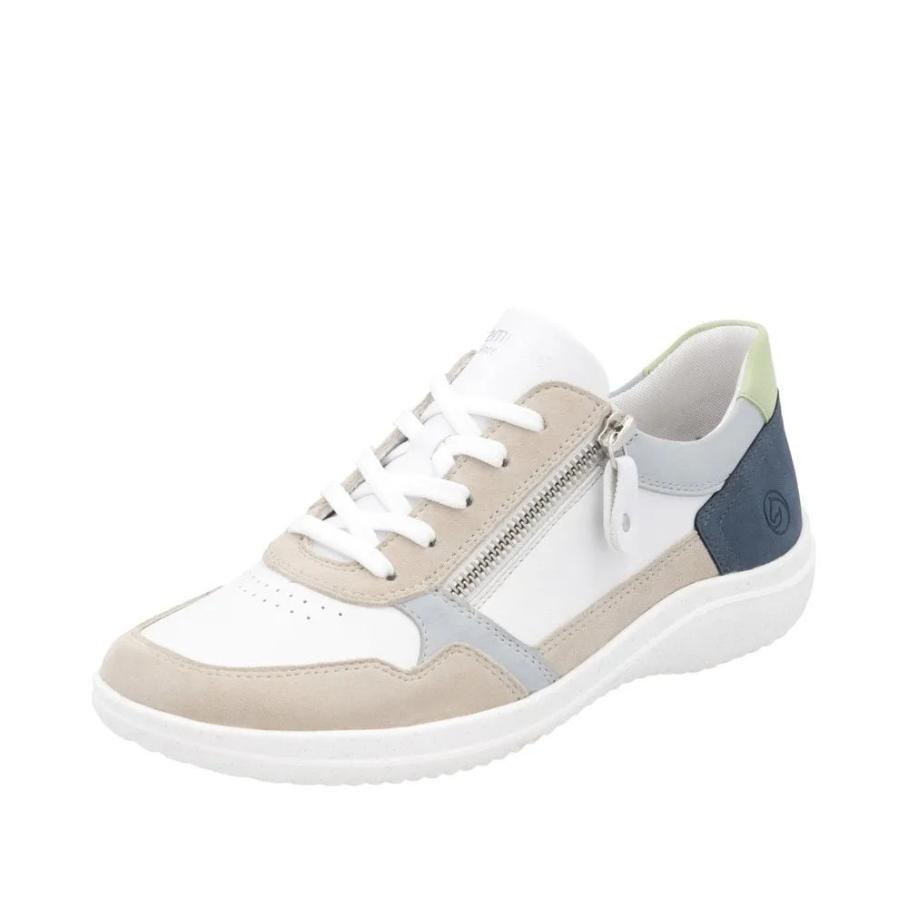 Remonte D1E06-81 women's wide fit multi-color leather trainers with side zipper and lace-up closure.