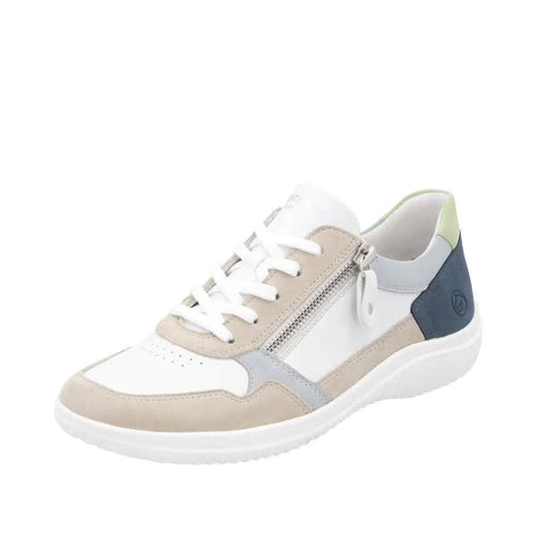 Remonte D1E06-81 women's wide fit multi-color leather trainers with side zipper and lace-up closure.