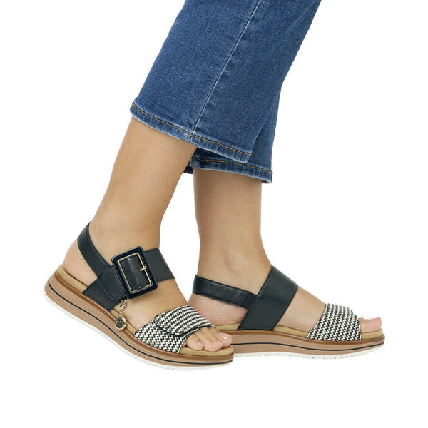 Remonte D1J53-02 Ladies Black/White Leather Touch Fastening Sandals-elevate your sole
