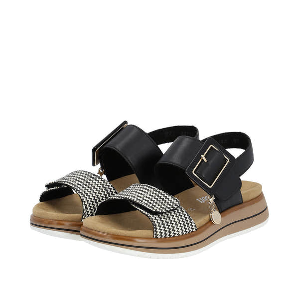 Remonte D1J53-02 Ladies Black/White Leather Touch Fastening Sandals-elevate your sole