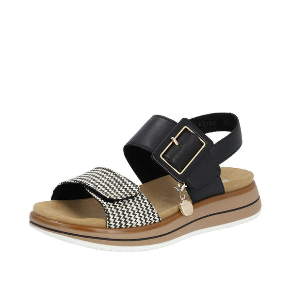 Remonte D1J53-02 Ladies Black/White Leather Touch Fastening Sandals-elevate your sole
