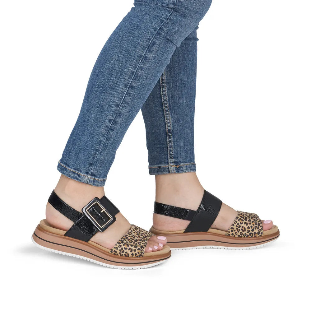 Remonte D1J53-04 women's black and animal print leather touch fastening sandals with chunky sole and padded straps.