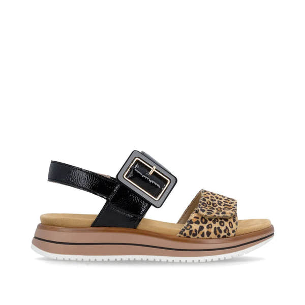 Remonte D1J53-04 women's black and animal print leather touch-fastening sandals with chunky sole and buckle detail.