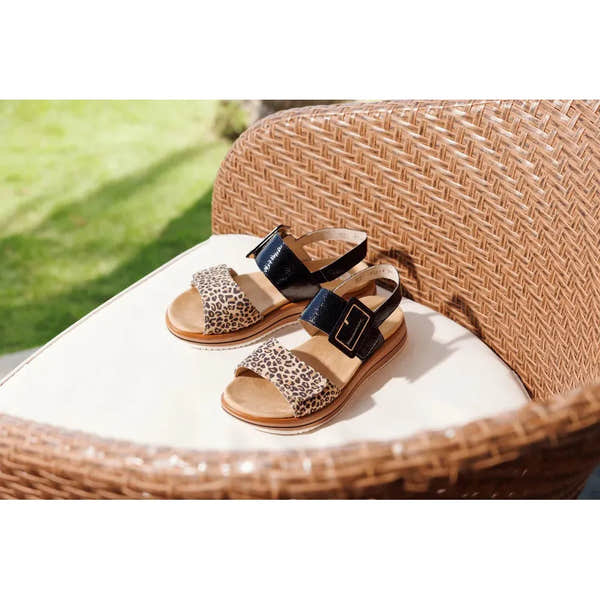 Remonte D1J53-04 women's black and animal print leather sandals with touch fastenings and flat soles.