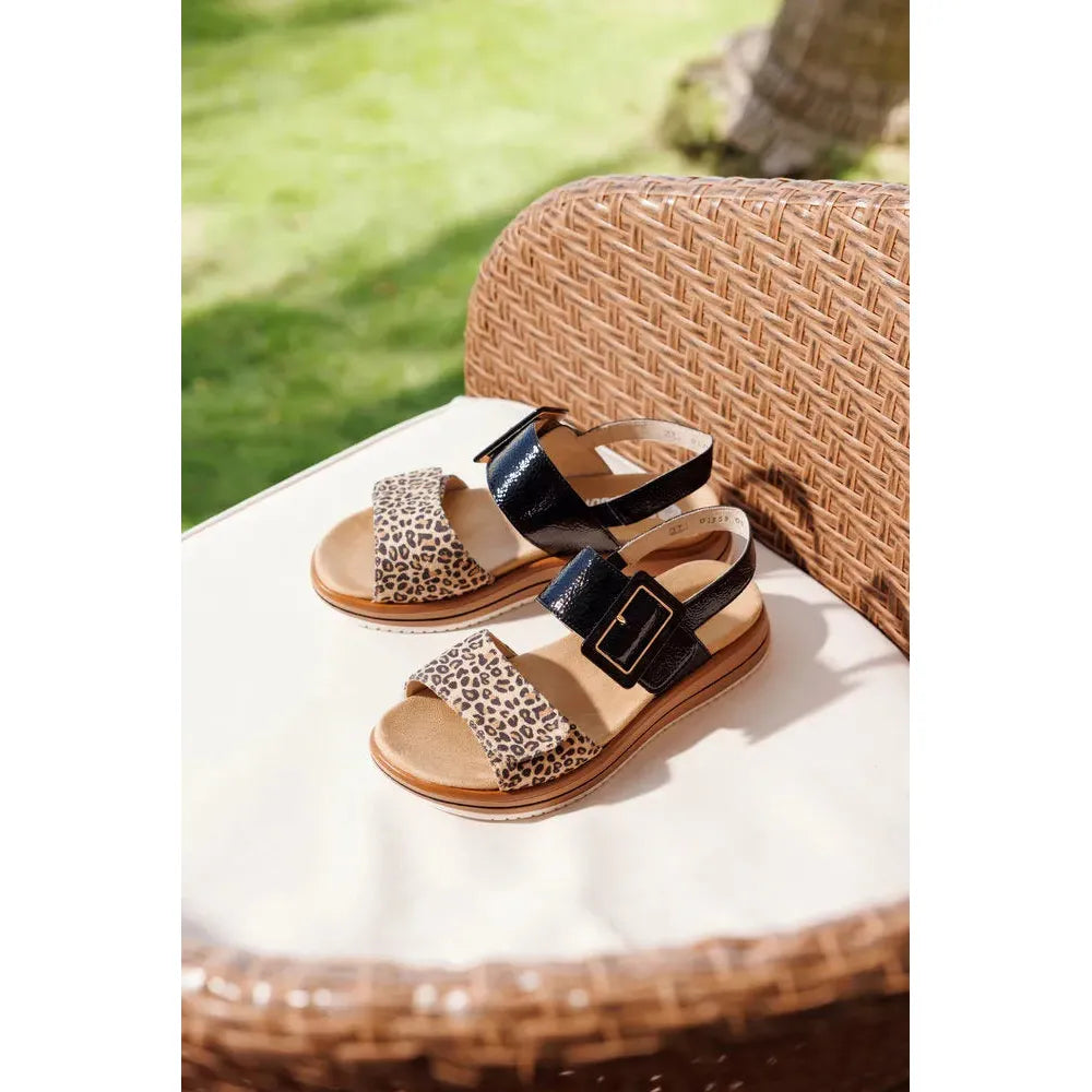 Remonte D1J53-04 women's black and animal print leather sandals with touch fastening, stylish and comfortable footwear.