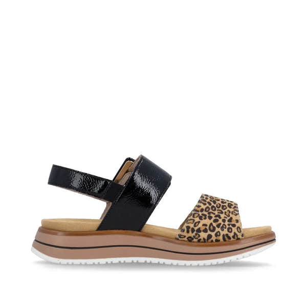 Remonte D1J53-04 women's black leather and animal print touch-fastening sandals with cushioned footbed and chunky outsole.