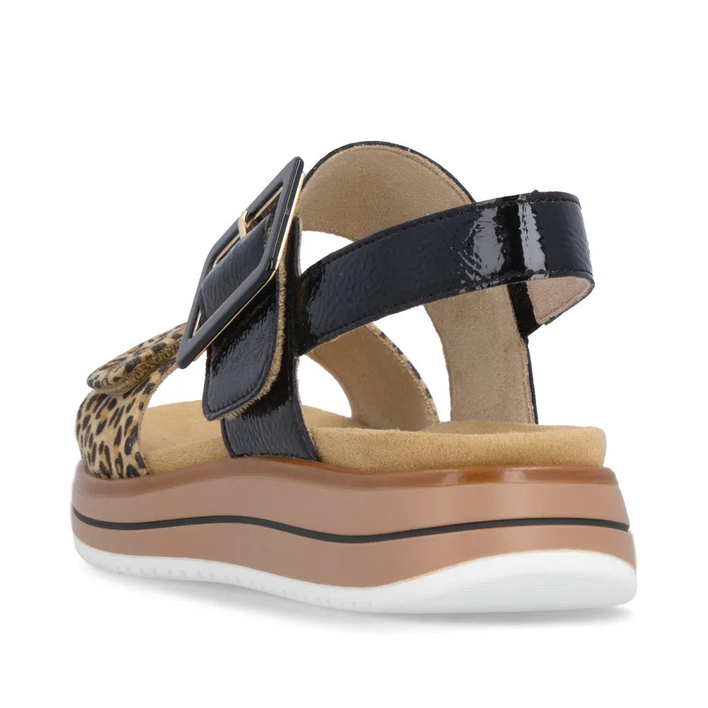 Remonte D1J53-04 women's black animal print leather sandals with touch fastening, chunky sole, and buckle detail.