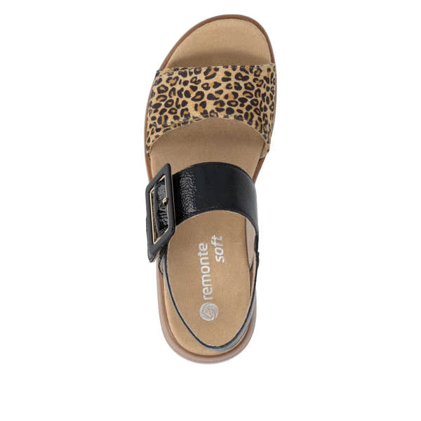 Remonte D1J53-04 women's black and animal print leather touch-fastening sandals with buckle strap and open toe.
