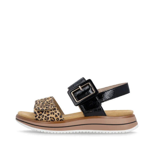 Remonte D1J53-04 women's black and animal print leather sandals with touch-fastening straps and platform sole.