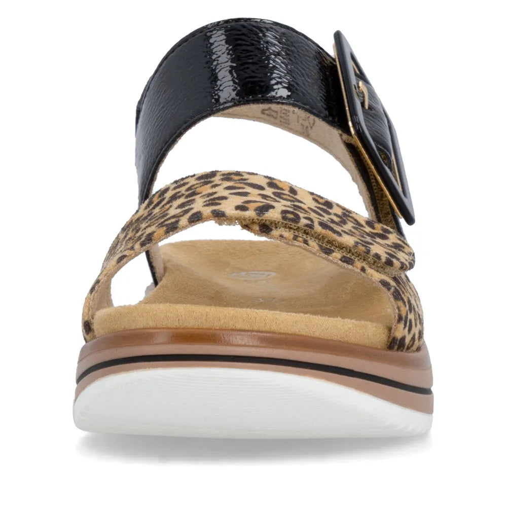 Remonte D1J53-04 women's black and animal print leather touch fastening sandals with wedge heel and buckle detail.