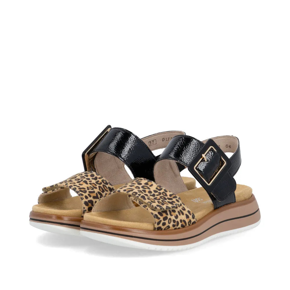 Remonte D1J53-04 women's black and animal print leather sandals with touch fastening straps and cushioned sole.