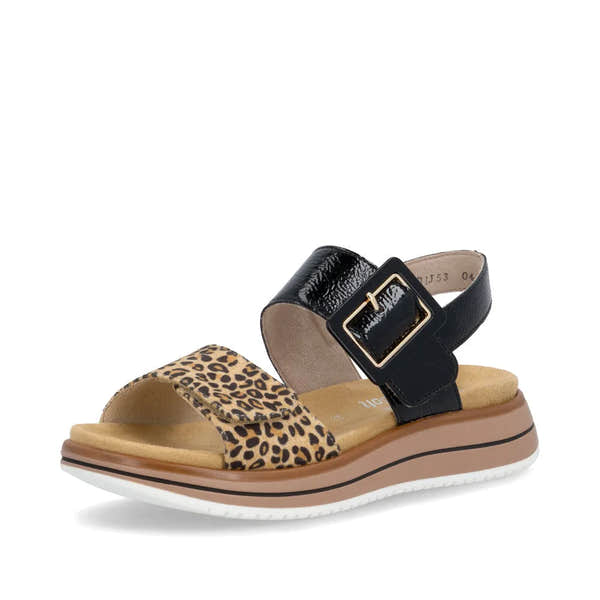 Remonte D1J53-04 women's black and animal print leather sandals with touch fastening, padded footbed, and chunky sole.