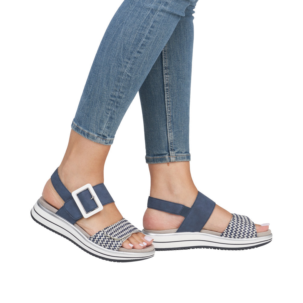 Remonte D1J53-14 women's vegan touch fastening sandals with Pacific/White color, striped front strap, and chunky sole.