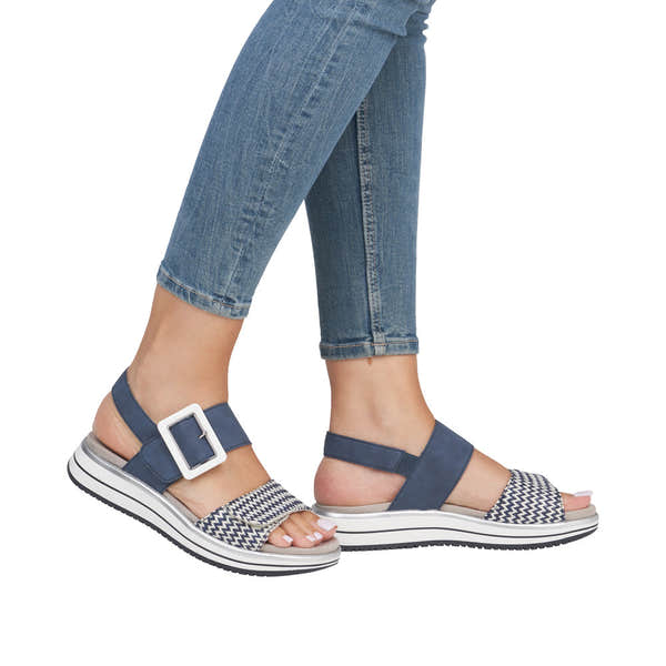 Remonte D1J53-14 women's vegan touch fastening sandals with Pacific/White color, striped front strap, and chunky sole.