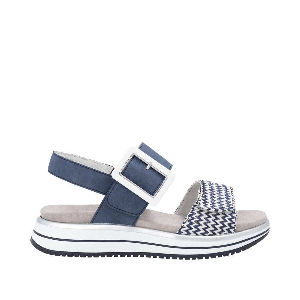 Remonte D1J53-14 ladies vegan touch fastening sandals with navy and white straps, cushioned insole, and platform sole.