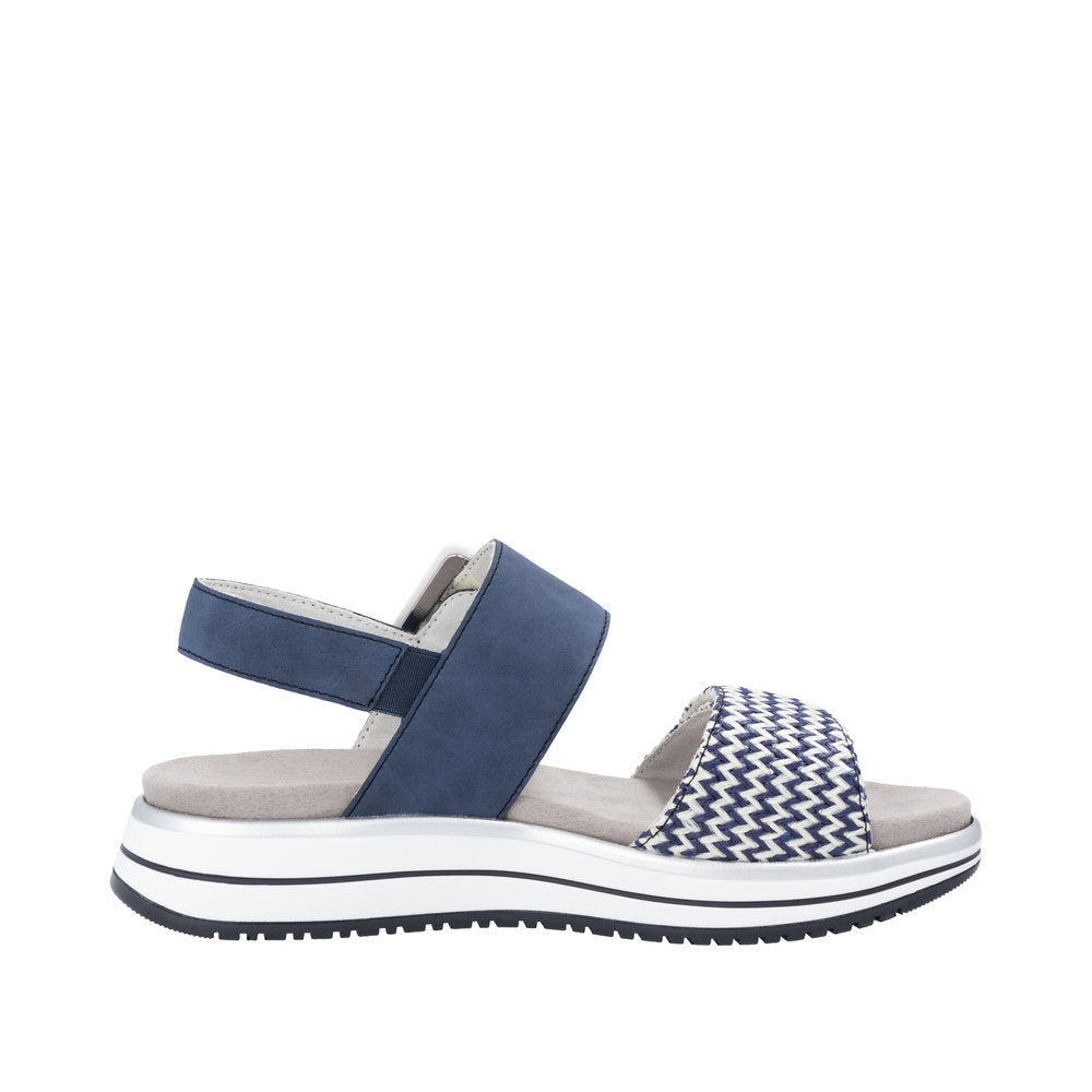 Remonte D1J53-14 women's vegan touch fastening sandals in navy, white, with cushioned footbed and striped design.