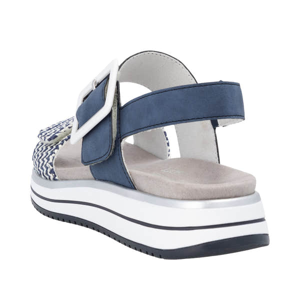 Remonte D1J53-14 women's vegan touch fastening sandals with blue straps, white sole, and patterned heel detail.