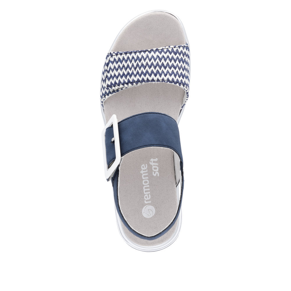 Remonte D1J53-14 women's vegan touch fastening sandals in navy and white with textured zigzag strap and cushioned insole.