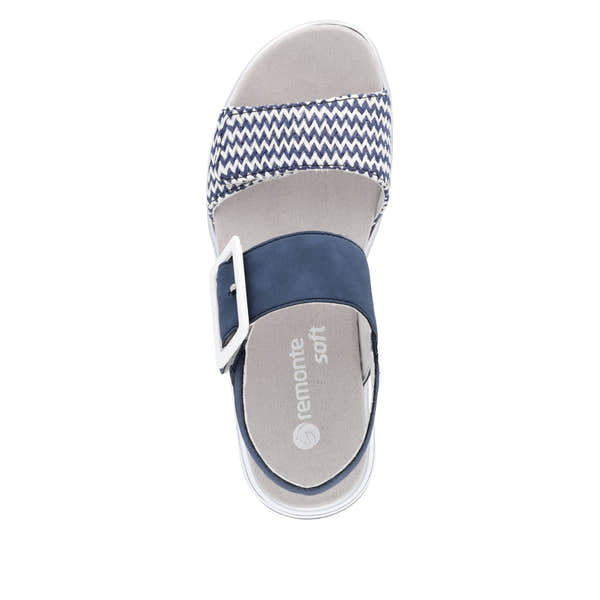 Remonte D1J53-14 women's vegan touch fastening sandals in navy and white with textured zigzag strap and cushioned insole.