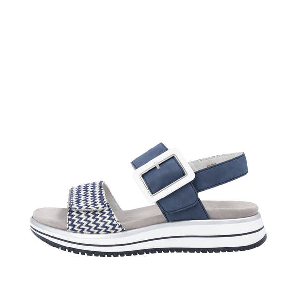 Remonte D1J53-14 women's vegan touch fastening sandals with navy and white zigzag patterned strap, cushioned footbed, white platform sole.