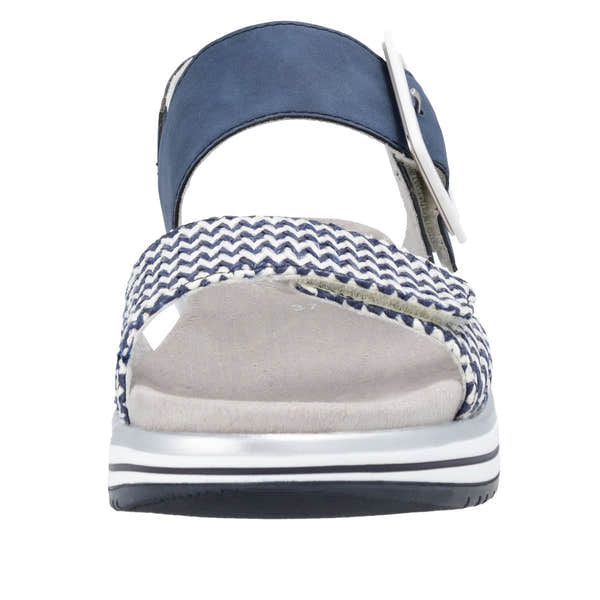 Remonte D1J53-14 ladies vegan touch fastening sandals with blue, white, and patterned straps and cushioned sole.