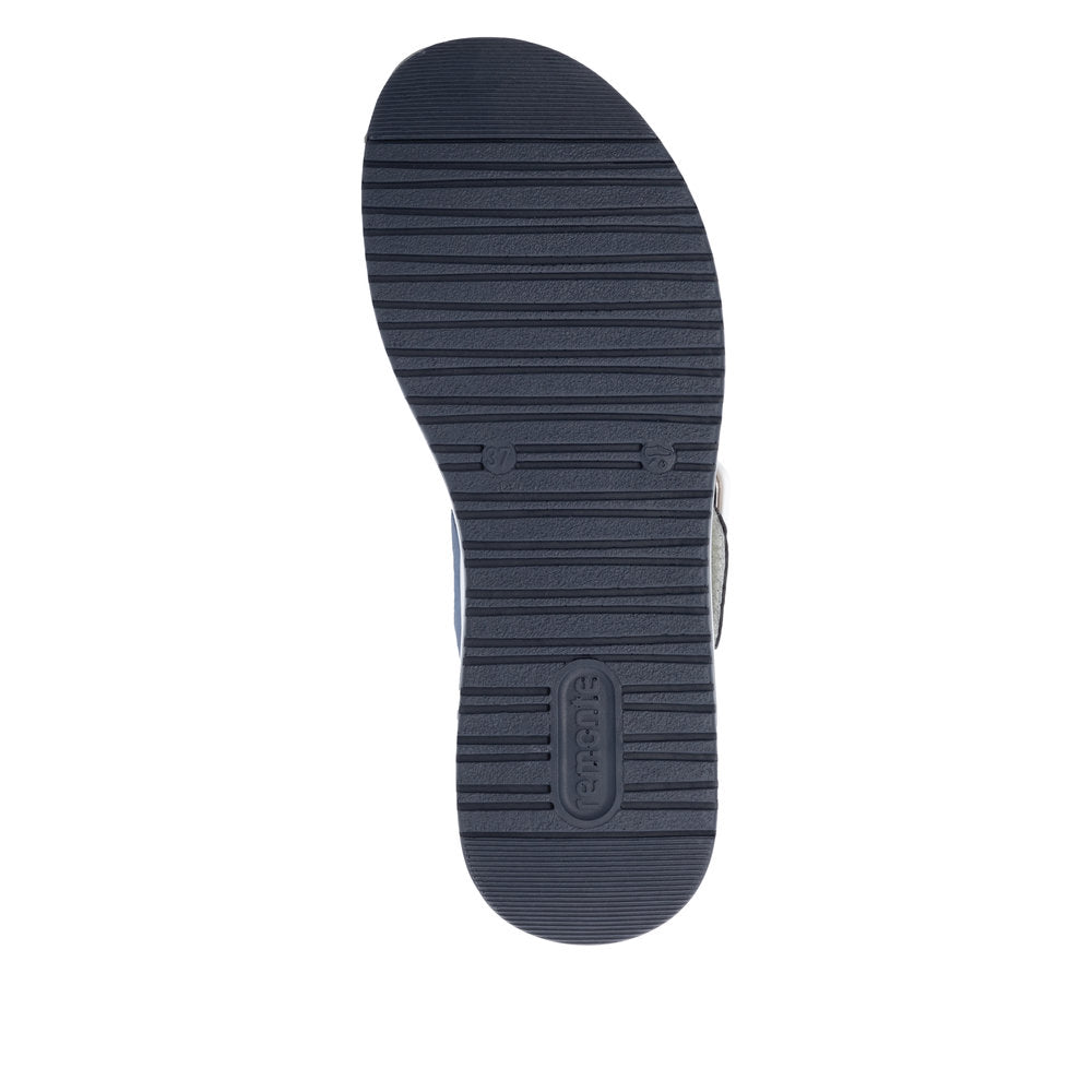 Remonte D1J53-14 women's vegan sandals with white and Pacific blue touch fastening straps and textured black outsole.