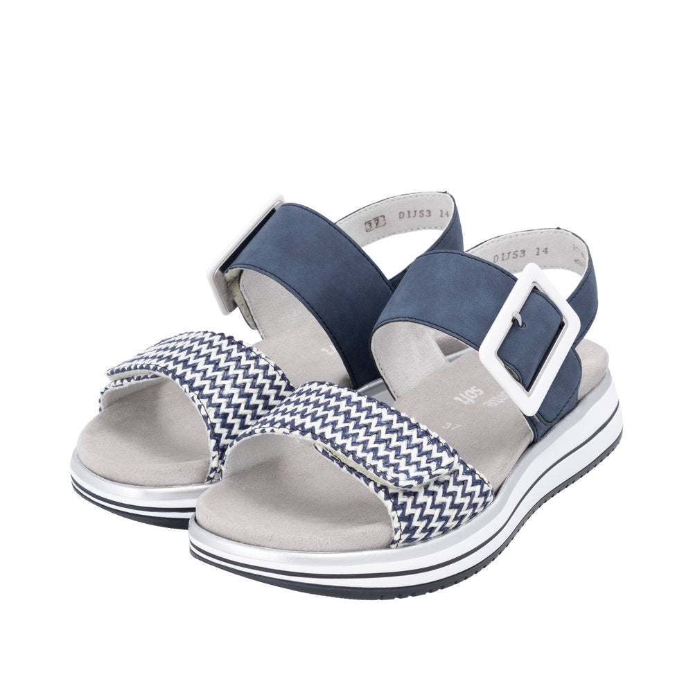 Remonte D1J53-14 women's vegan touch fastening sandals with navy and white color-block design, cushioned footbed, and adjustable buckles.