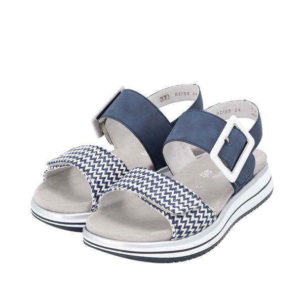 Remonte D1J53-14 women's vegan touch fastening sandals with navy and white color-block design, cushioned footbed, and adjustable buckles.