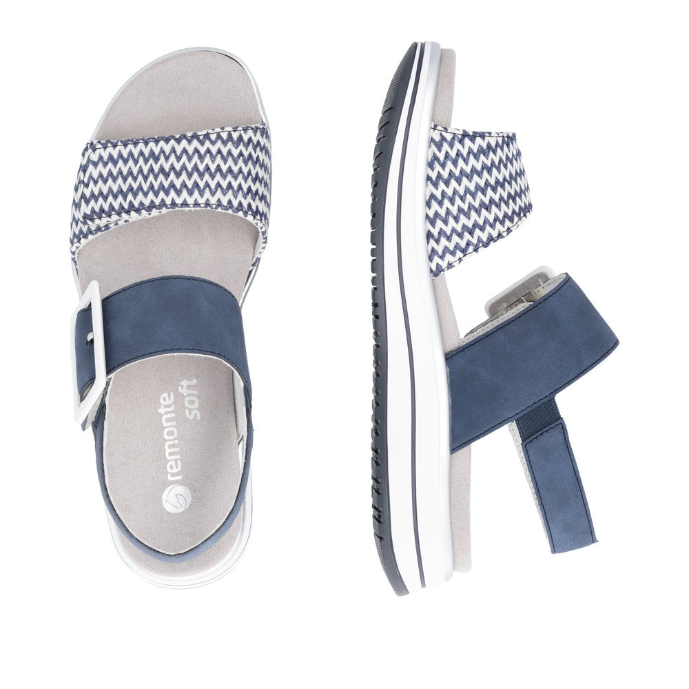 Remonte D1J53-14 Ladies Vegan Touch Fastening Sandals in Pacific/White with zigzag strap detail and cushioned insole.